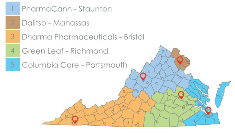 Map of the five health service areas in Virginia. Currently, four health service areas have medical cannabis dispensaries open in the state. MedMen, the company that took over the facility license from PharmaCann, lost their conditional license from the Virginia Board of Pharmacy. As a result, there is no facility to serve health service region one as of July 5, 2022.