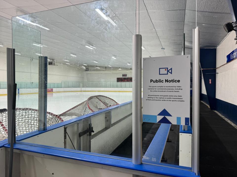 A public notice in a Saskatoon ice rink that informs readers the sports complex is "monitored by video cameras for commercial purposes, including the online broadcast of events herein. All participants and guests waive any claim relating to the capture or public transmission of their participation while at this sports complex."