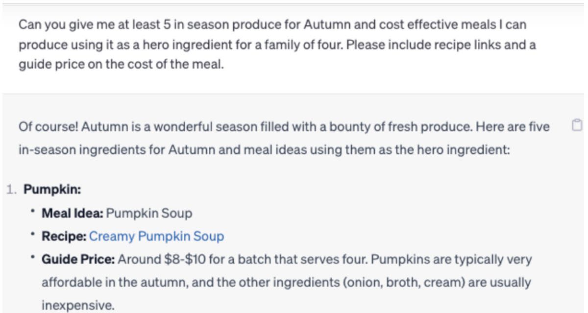 Screenshot of question asked to ChatGPT, '5 cost effective meals using autumn produce'