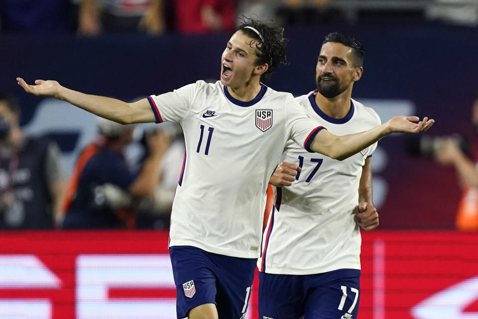 United States forward Brenden Aaronson (11) celebrates after scoring a goal against Canada during the second half of a World Cup soccer qualifier Sunday, Sept. 5, 2021, in Nashville, Tenn. (AP Photo/Mark Humphrey)