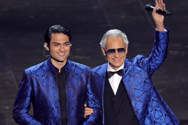 Matteo Bocelli and Andrea Bocelli onstage during the 96th Annual Academy Awards - Credit: Kevin Winter/Getty Images