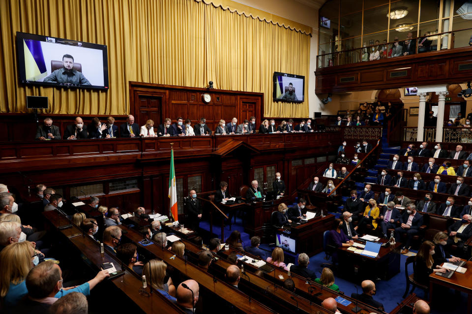 Ukrainian President Volodymyr Zelensky addresses the Irish parliament (Maxwells/PA)