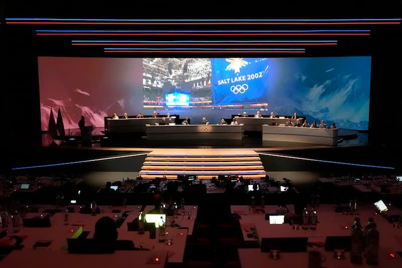 IOC members watch a video to promote Salt Lake City's bid to host the 2034 Winter Olympics, during the 142nd IOC session at the 2024 Summer Olympics, Wednesday, July 24, 2024, in Paris, France. | David Goldman