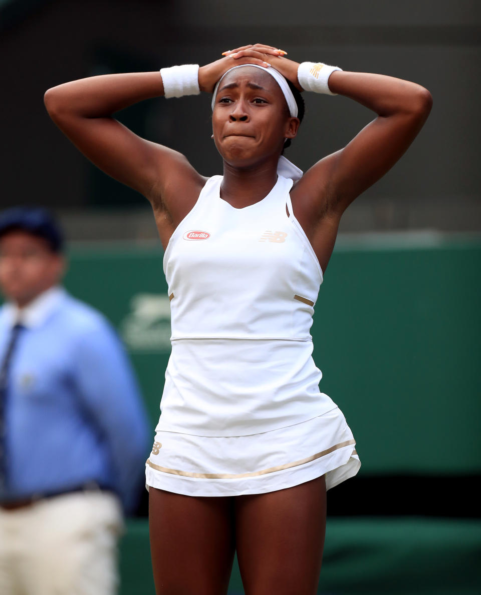 Cori Gauff celebrates her win against Venus Williams on day one of the Wimbledon Championships at the All England Lawn Tennis and Croquet Club, Wimbledon.