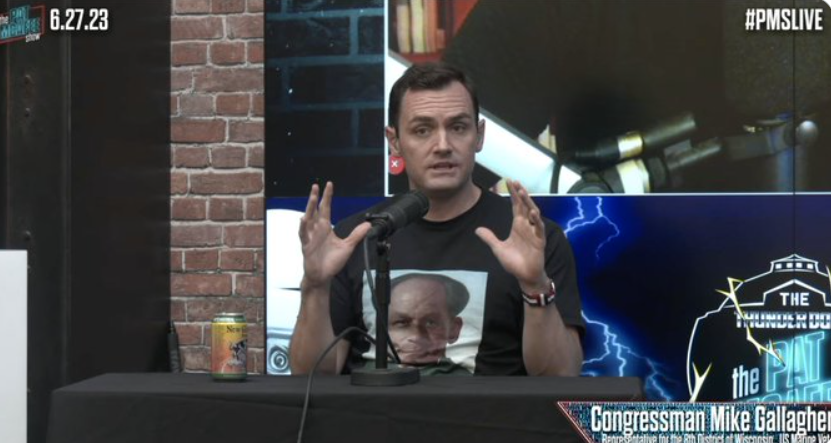 Mike Gallagher appeared on the Pat McAfee Show on Tuesday sporting a T-shirt  portraying the former wrestler John Cena as Chinese Communist Party founder Mao Zedong.