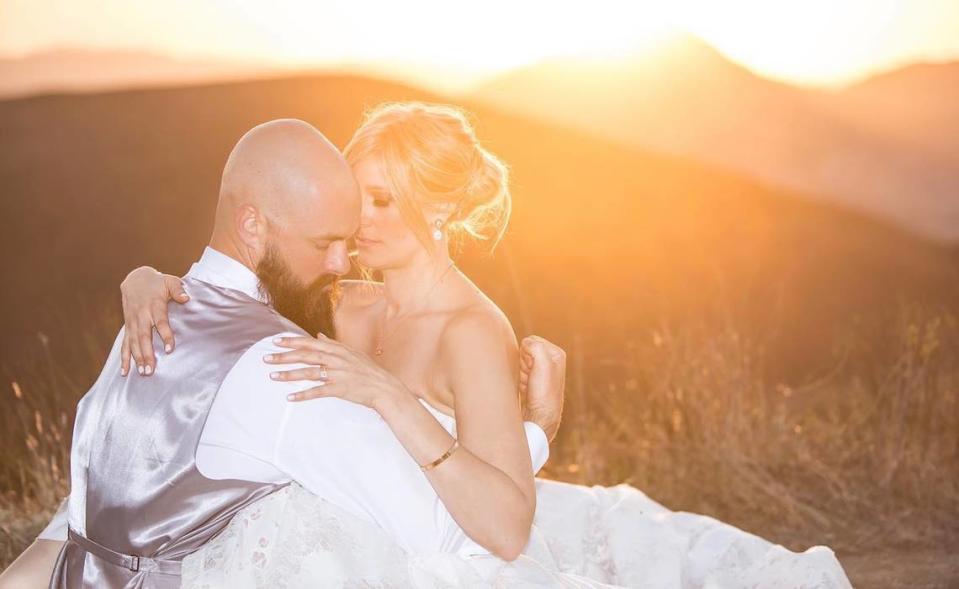 Travis and Brittany Hunt pose for a photo on their wedding day, Oct. 13, 2019. Brittany Hunt died Jan. 22.