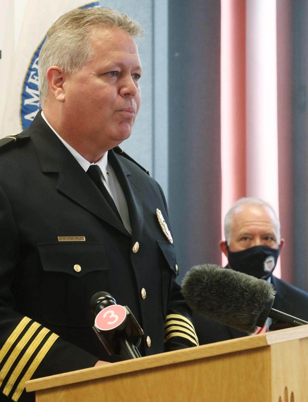 Police Chief Steve Mylett addresses police and city officials after his swearing in Aug. 19, 2021, at the Harold K. Stubbs Justice Center in Akron.