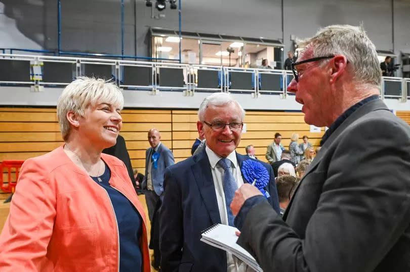 Great Grimsby MP Lia Nici and Cleethorpes MP Martin Vickers speaking to reporter Peter Craig at the 2024 North East Lincolnshire local elections count