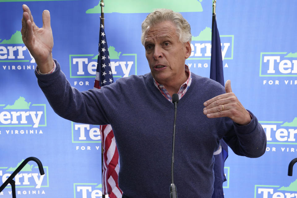 Democratic gubernatorial candidate, former Virginia Gov. Terry McAuliffe speaks to supporters during a rally in Richmond, Va., Sunday, Oct. 31, 2021. McAuliffe will face Republican Glenn Youngkin in the November election. (AP Photo/Steve Helber)