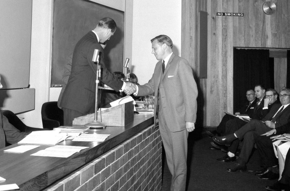 Medal of honour: 1966: Sir David Attenborough receiving the Zoological Society of London's silver medal from the president, the Duke of Edinburgh, at the annual general meeting in London (PA)