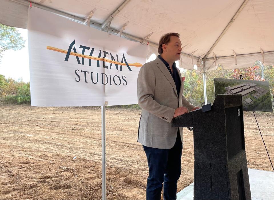 Athena Studios CEO Joel Harber speaks at a groundbreaking ceremony on Nov. 16, 2021 at 900 Athena Dr. in Athens, Ga., the site of a 45-acre film and televsion production facility expected to be running at full capacity by Nov. 2023.