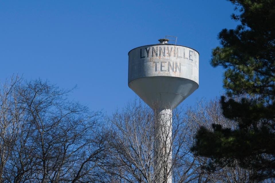 The Lynnville water tower is an iconic structure in the town on Feb. 18, 2024 in Lynnville, Tenn.