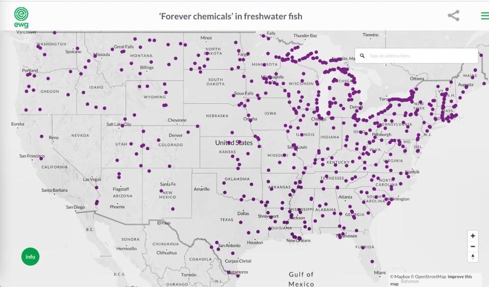 us map with purple dots everywhere showing pfas contamination sites