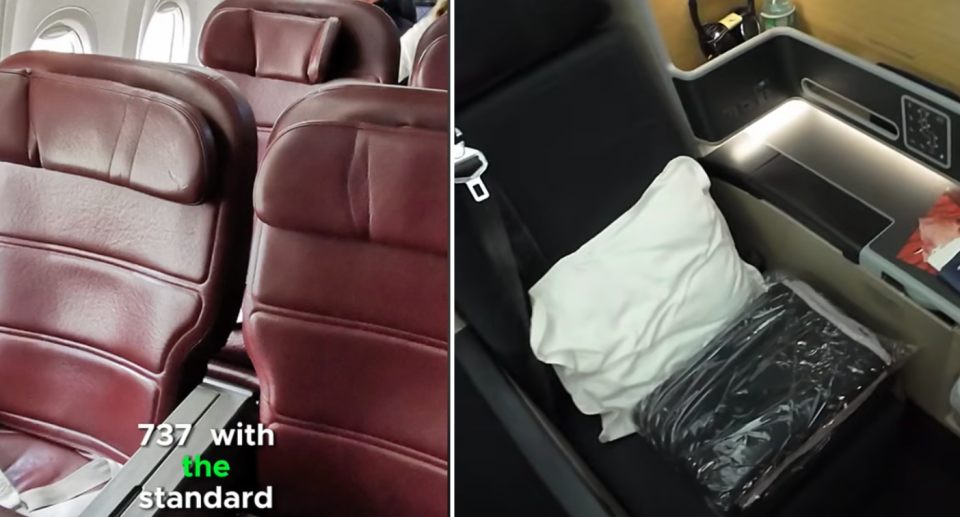 Right image is a business class seat on a Qantas A330 aircraft. Left image is a business class seat on a Qantas B737 aircraft.