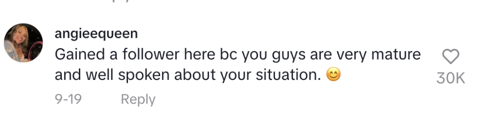 Comment from angieequeen: "Gained a follower here bc you guys are very mature and well spoken about your situation." Smiling emoji, 30K likes