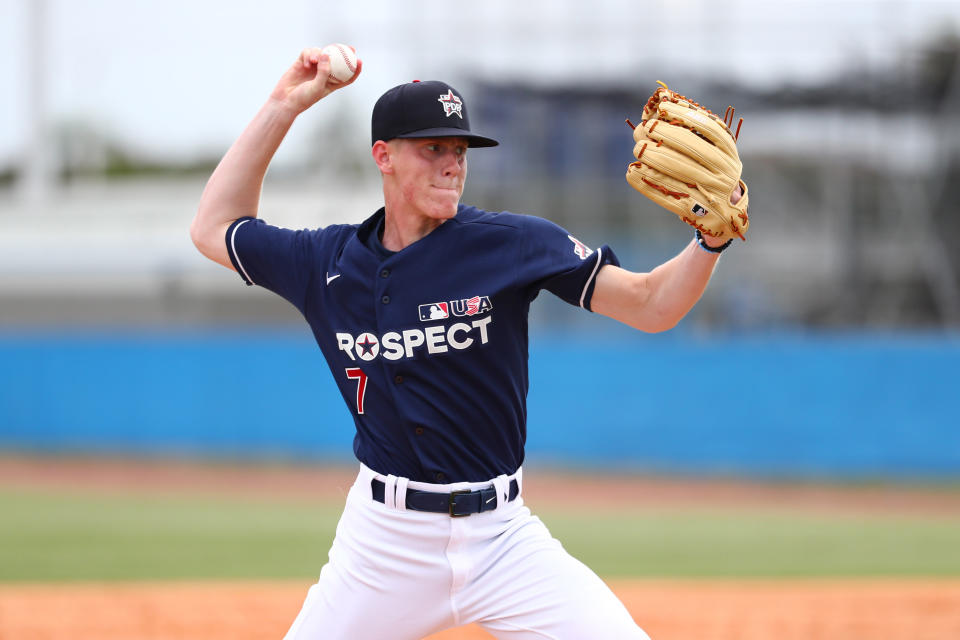 Jun 17, 2019; Bradenton, FL, USA; Team Jones pitcher Max Carlson (7) during workouts at IMG Academy. Mandatory Credit: Kim Klement-USA TODAY Sports