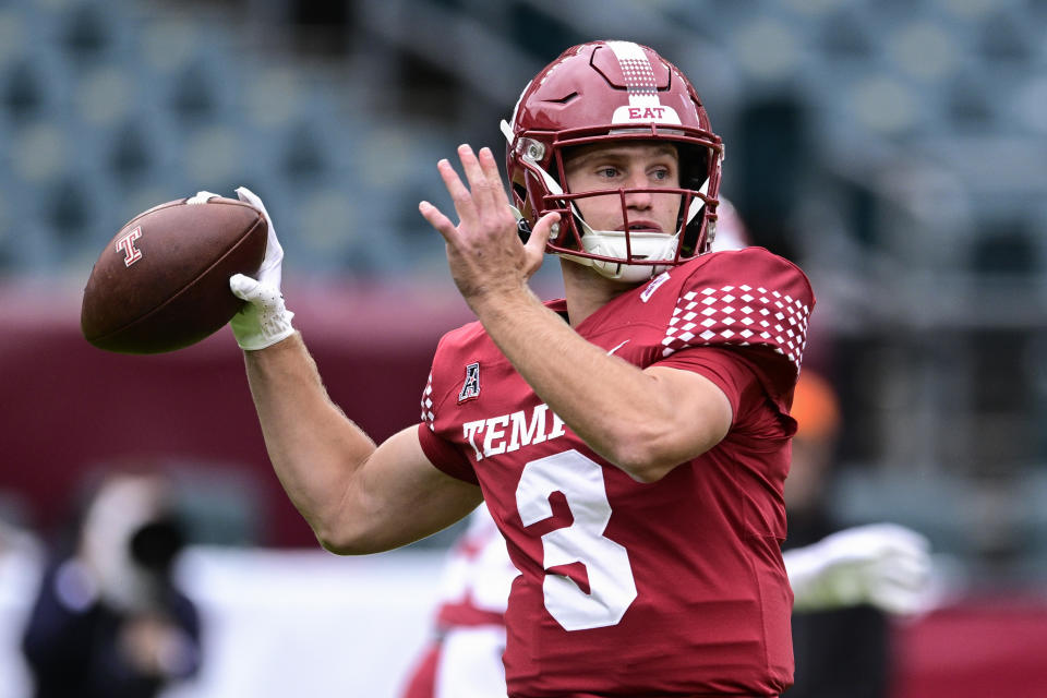 Temple quarterback E.J. Warner throws the ball during the first half of an NCAA college football game against Miami, Saturday, Sept. 23, 2023, in Philadelphia. (AP Photo/Derik Hamilton)