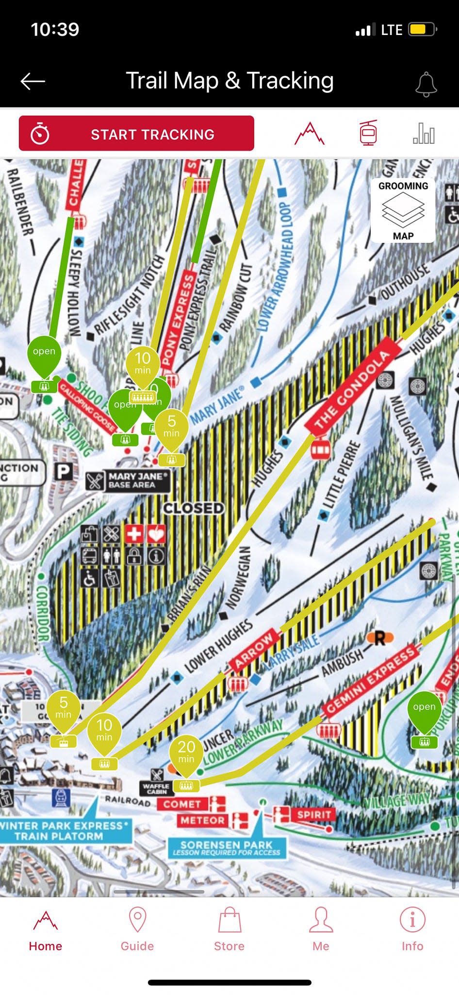 A screenshot shows a 20-minute line at a Winter Park Resort lift.