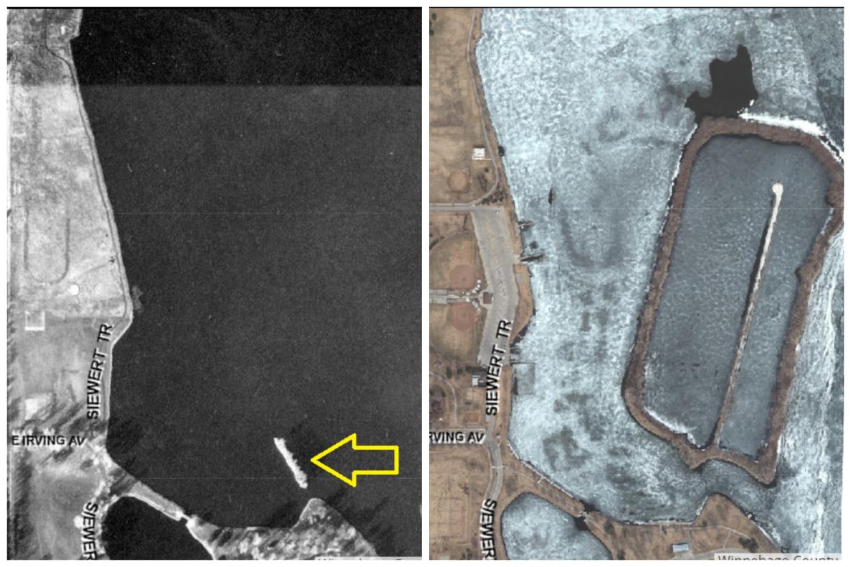 Monkey Island in 1937 (left) and 2015, before and after the island was expanded for use by Oshkosh's water treatment plant.