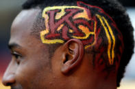 <p>A detail of a fan’s haircut during the AFC Wild Card Playoff game between the Tennessee Titans and the Kansas City Chiefs at Arrowhead Stadium on January 6, 2018 in Kansas City, Missouri. (Photo by Jamie Squire/Getty Images) </p>