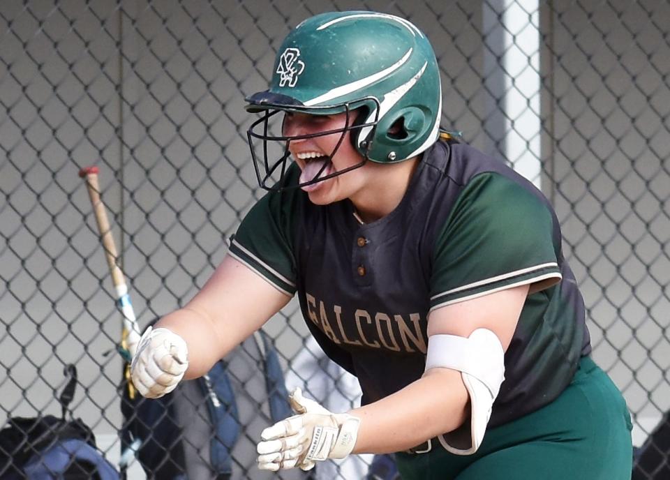 Dighton Rehoboth's Haleigh Kelley after her home run during Wednesday's South Coast Conference game at Somerset Berkley Regional High School May 1, 2024.