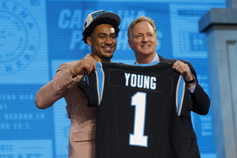 KANSAS CITY, MISSOURI – APRIL 27: (L-R) Bryce Young poses with NFL Commissioner Roger Goodell after being selected first overall by the Carolina Panthers during the first round of the 2023 NFL Draft at Union Station on April 27, 2023 in Kansas City, Missouri. (Photo by David Eulitt/Getty Images)