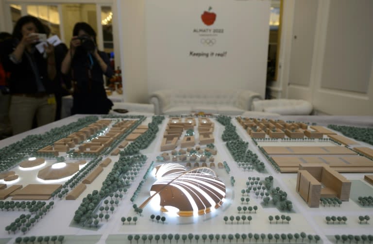 A large scale model of the Olympic Park project is displayed during a presentation of the Almaty 2022 candidate city bid before the International Olympic Committee (IOC) and media in Lausanne on June 10, 2015