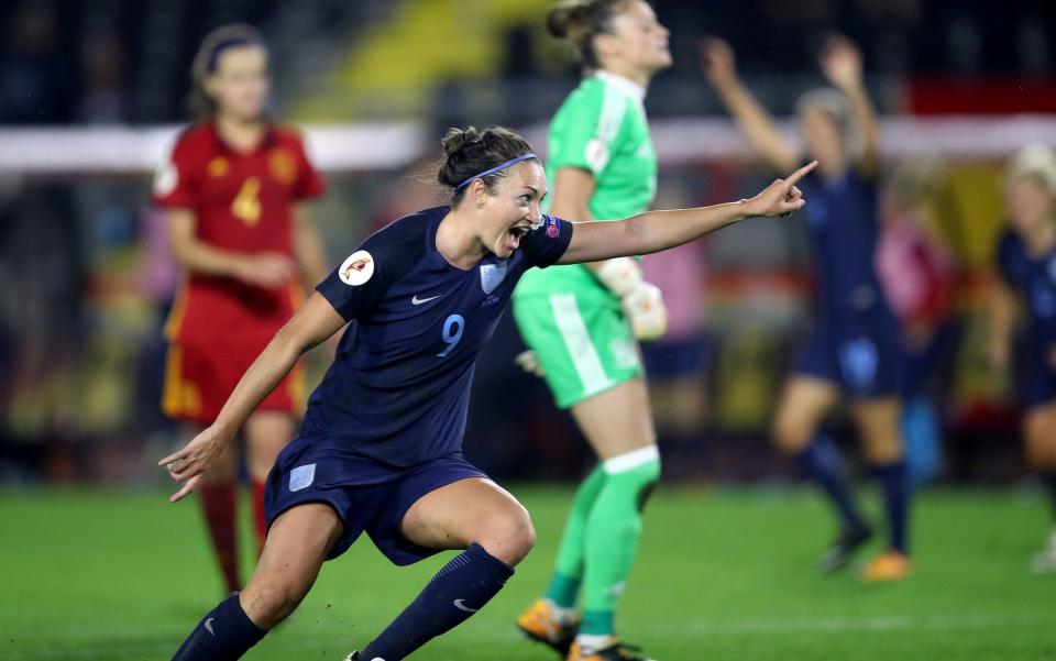 England's Jodie Taylor celebrates scoring her side's second - Credit: PA