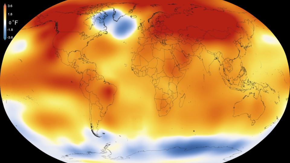 Temperaturas de 2015 –en aquel momento, el año más cálido registrado– comparadas con las medias a largo plazo. <a href="https://en.wikipedia.org/wiki/Cold_blob#/media/File:16-008-NASA-2015RecordWarmGlobalYearSince1880-20160120.png" rel="nofollow noopener" target="_blank" data-ylk="slk:NASA / NOAA;elm:context_link;itc:0;sec:content-canvas" class="link ">NASA / NOAA</a>