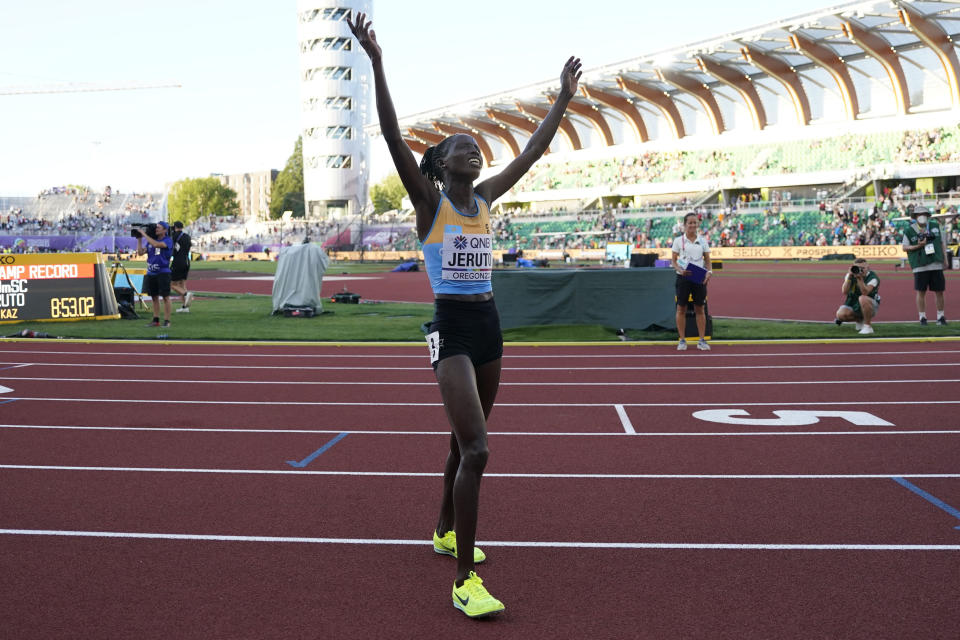 Norah Jeruto, of Kazakhstan, reacts after her win the women's 3000-meter steeplechase final at the World Athletics Championships on Wednesday, July 20, 2022, in Eugene, Ore. (AP Photo/Ashley Landis)