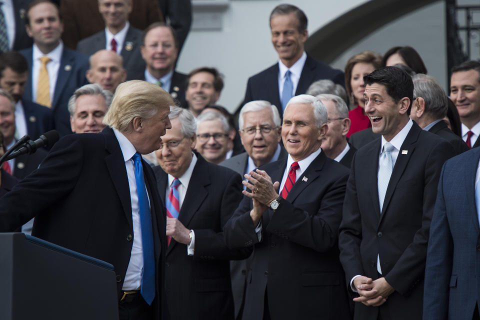 President Trump, Senate Majority Leader Mitch McConnell, Vice President Mike Pence, and Ryan after the passage of the tax bill, Dec. 20, 2017. (Photo: Jabin Botsford/The Washington Post via Getty Images)