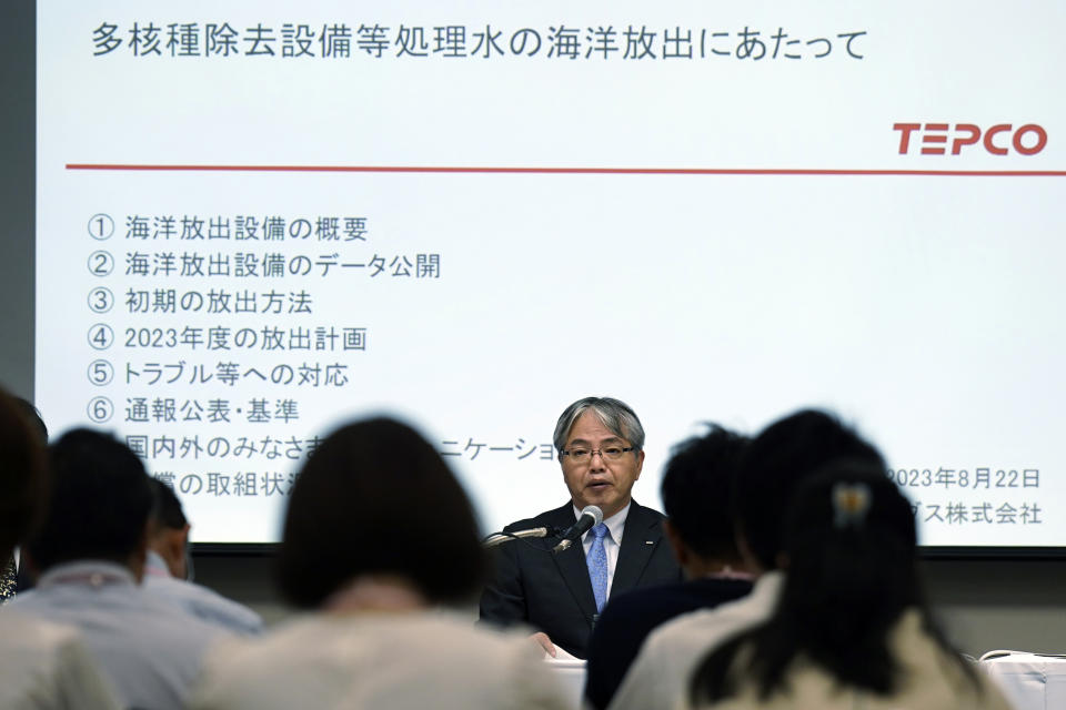 Junichi Matsumoto, the corporate officer in charge of treated water management for Tokyo Electric Power Co. (TEPCO) Holdings, which operates the Fukushima No. 1 nuclear power plant, speaks during a press conference at TEPCO headquarter building Tuesday, Aug. 22, 2023, in Tokyo. (AP Photo/Eugene Hoshiko)