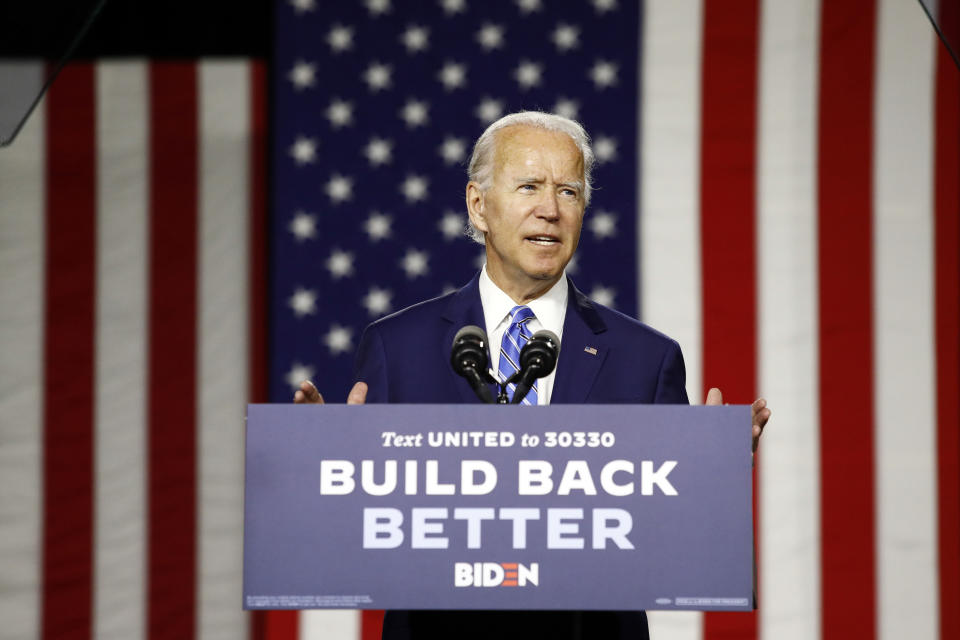 Democratic presidential candidate, former Vice President Joe Biden speaks during a campaign event, Tuesday, July 14, 2020, in Wilmington, Del. (AP Photo/Patrick Semansky)