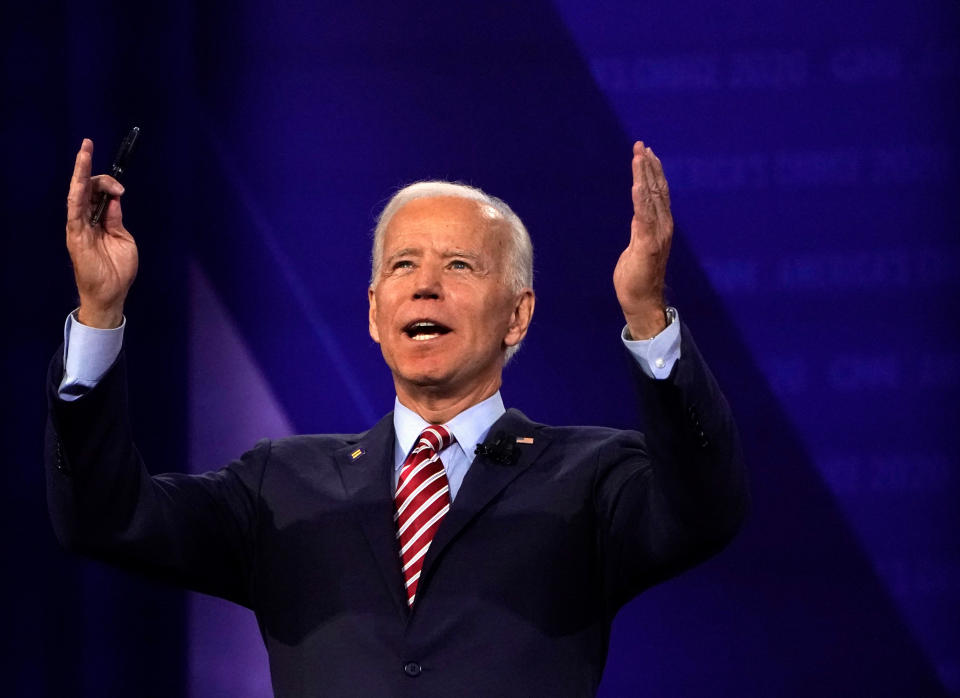 Democratic 2020 U.S. presidential candidate and former Vice President Joe Biden reacts during a televised townhall on CNN dedicated to LGBTQ issues in Los Angeles, California, U.S. October 10, 2019. REUTERS/Mike Blake