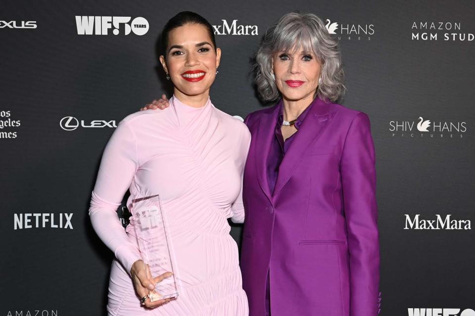 <p>Jon Kopaloff/Getty</p> America Ferrera and Jane Fonda at the 2023 WIF Honors