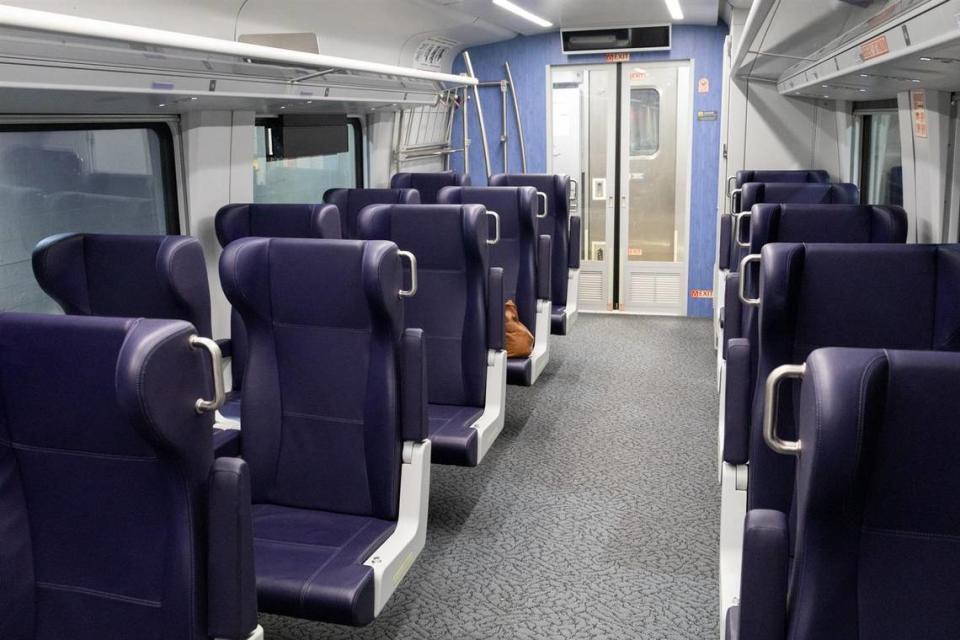 The interior of a new Siemens Venture passenger car is displayed at Chicago’s Union Station after a news conference on Monday, June 26, 2023, announcing faster rail service. Illinois is part of a multi-state consortium working to purchase 88 new single-level railcars that are fully accessible for persons with disabilities.