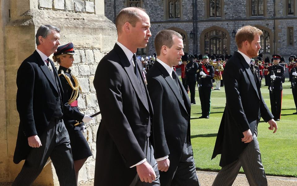 Vice-Admiral Sir Timothy Laurence, Prince William, Duke of Cambridge, Peter Phillips, Prince Harry, Duke of Sussex follow Prince Philip, Duke of Edinburgh's coffin during the Ceremonial Procession during the funeral of Prince Philip - Chris Jackson/Getty