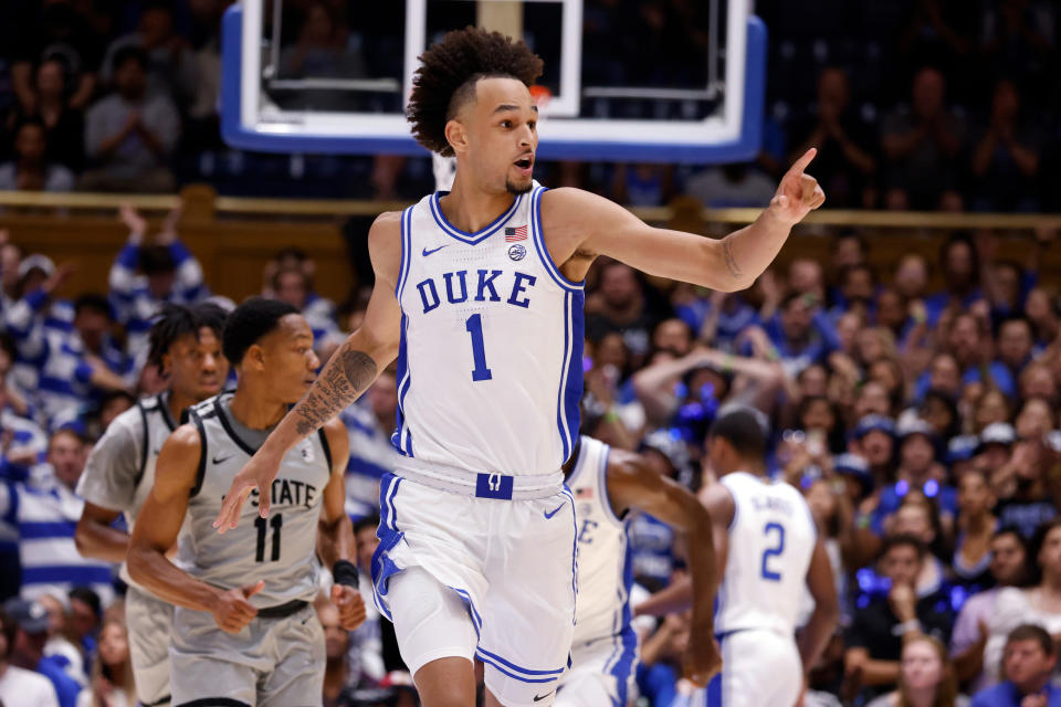 DURHAM, NC - NOVEMBER 11: Dereck Lively II #1 of the Duke Blue Devils signals a teammate during their game against the USC Upstate Spartans at Cameron Indoor Stadium on November 11, 2022 in Durham, North Carolina. Duke won 84-38. (Photo by Lance King/Getty Images)