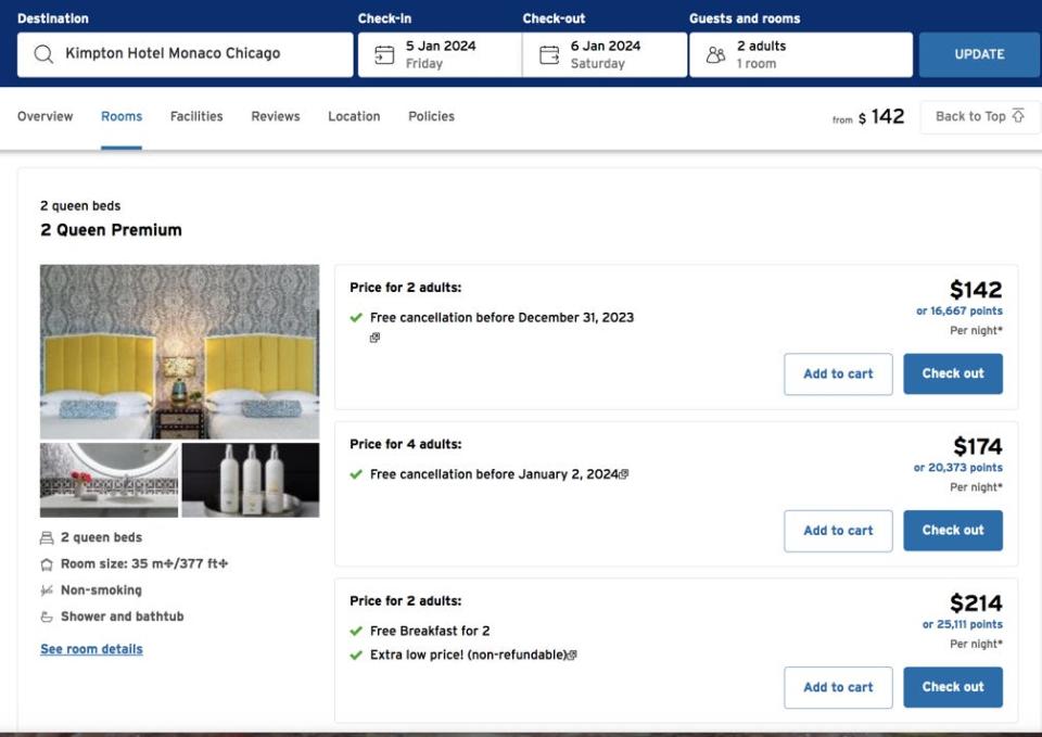 Screenshot of room choices for a sample hotel booking on the Citi Travel Portal.