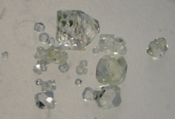 Synthetic crystals of the calcium phosphate mineral whitlockite similar to those used to produce the extraterrestrial mineral merrillite. If life ever arose on Mars, merrillite may have been a major source of biologically required phosphate. La