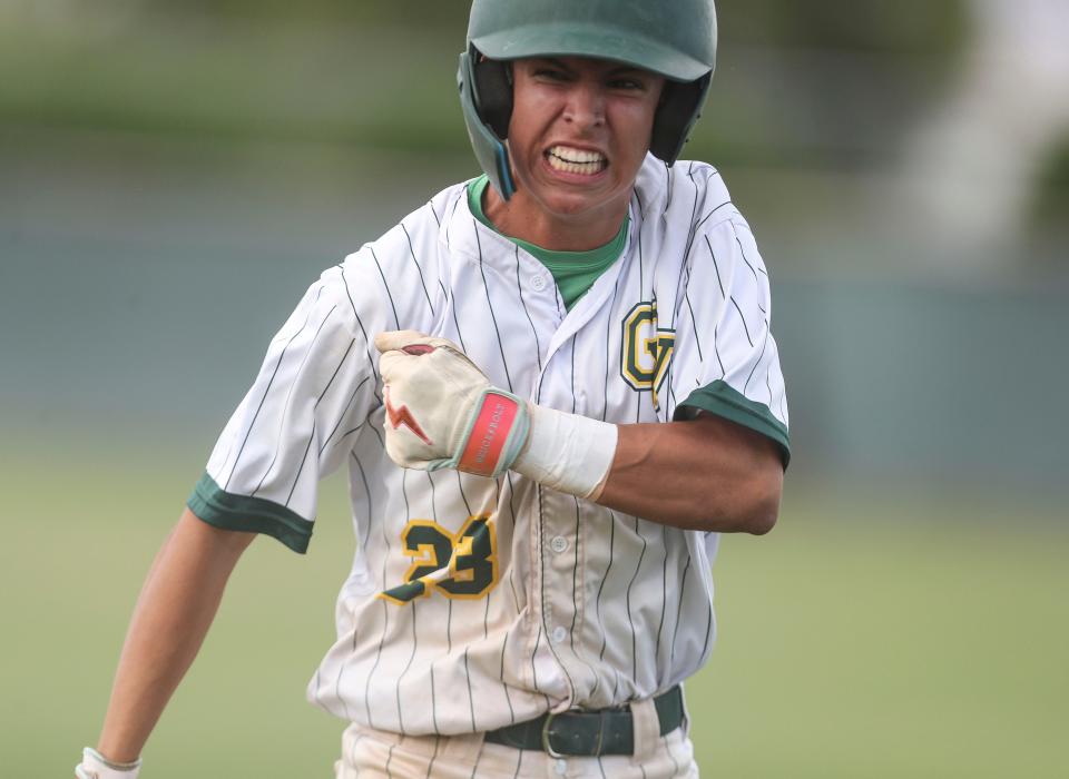 Bryan Barraza of CVHS celebrates driving in a run against San Bernadino in the CIF Division VIII tournament in Coachella, Calif., May 10, 2024.