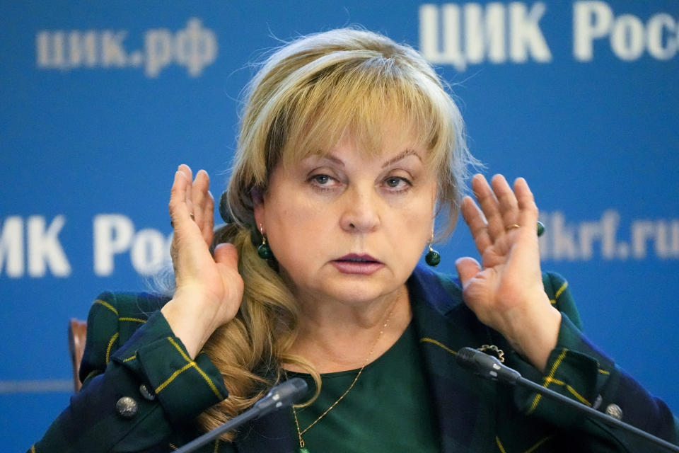 Ella Pamfilova, head of Russian Central Election Commission, gestures while speaking after the Parliamentary elections at the Russian Central Election commission in Moscow, Russia, Friday, Sept. 24, 2021. Politicians and activists who lost to Kremlin-backed candidates in Russia's parliamentary election last weekend have formed a coalition to contest the results from online voting in Moscow, which they believe was rigged and blame for their defeat. (AP Photo/Alexander Zemlianichenko)