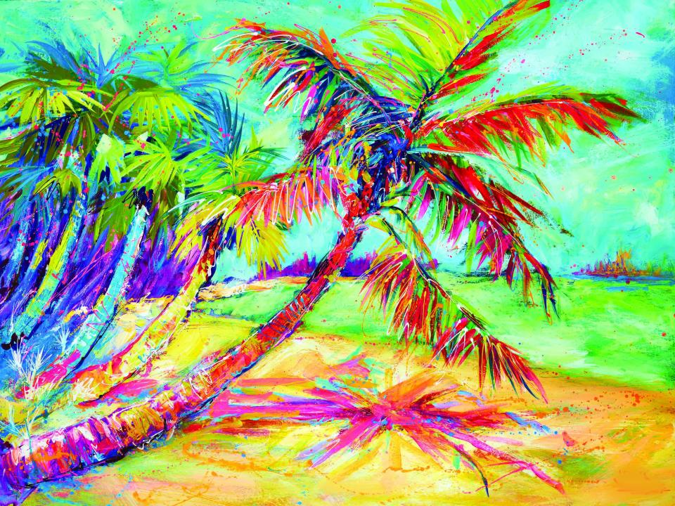 Leoma Lovegrove's painting "Palms Away" will be featured on T-shirts and the official poster for the 2024 Cape Coral Art Festival and Marketplace.