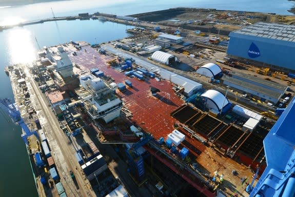 HMS Queen Elizabeth under construction in a shipyard in Rosyth, in the United Kingdom.