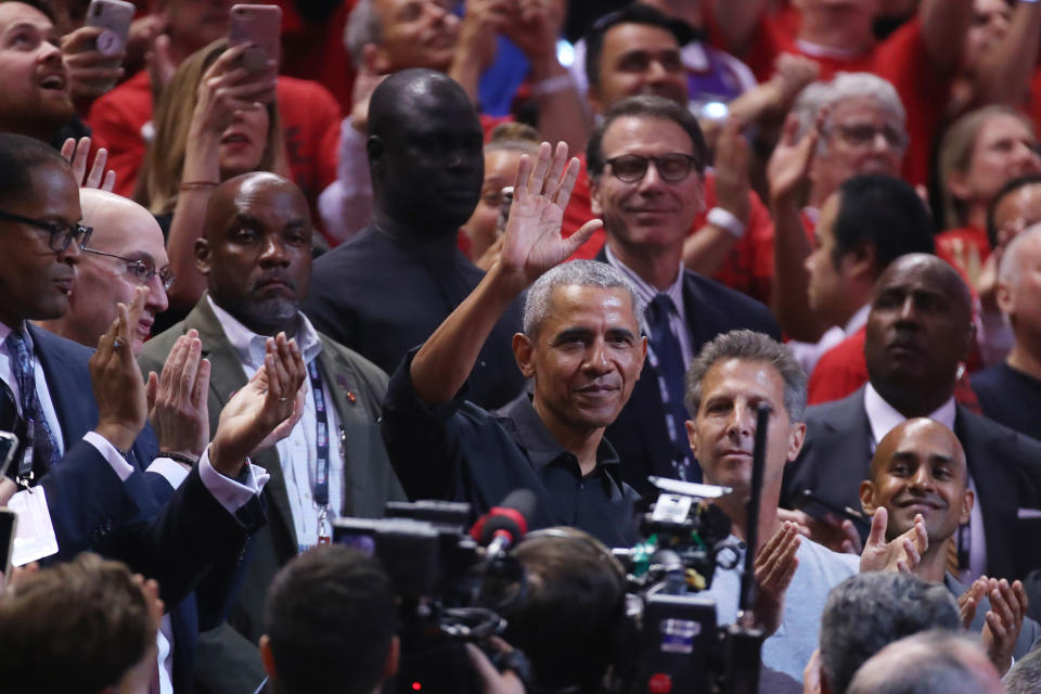 Former President of the United States, Barack Obama waves to the crowd during Game Two of the 2019 NBA Finals between the Golden State Warriors and the Toronto Raptors at Scotiabank Arena on June 02, 2019 in Toronto, Canada. (Photo by Gregory Shamus/Getty Images)