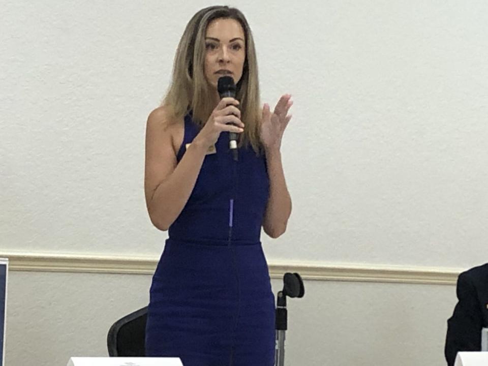 Jessie Thompson speaks at a Daytona Regional Chamber of Commerce forum for Volusia County School Board candidates on Wednesday, June 22, 2022.