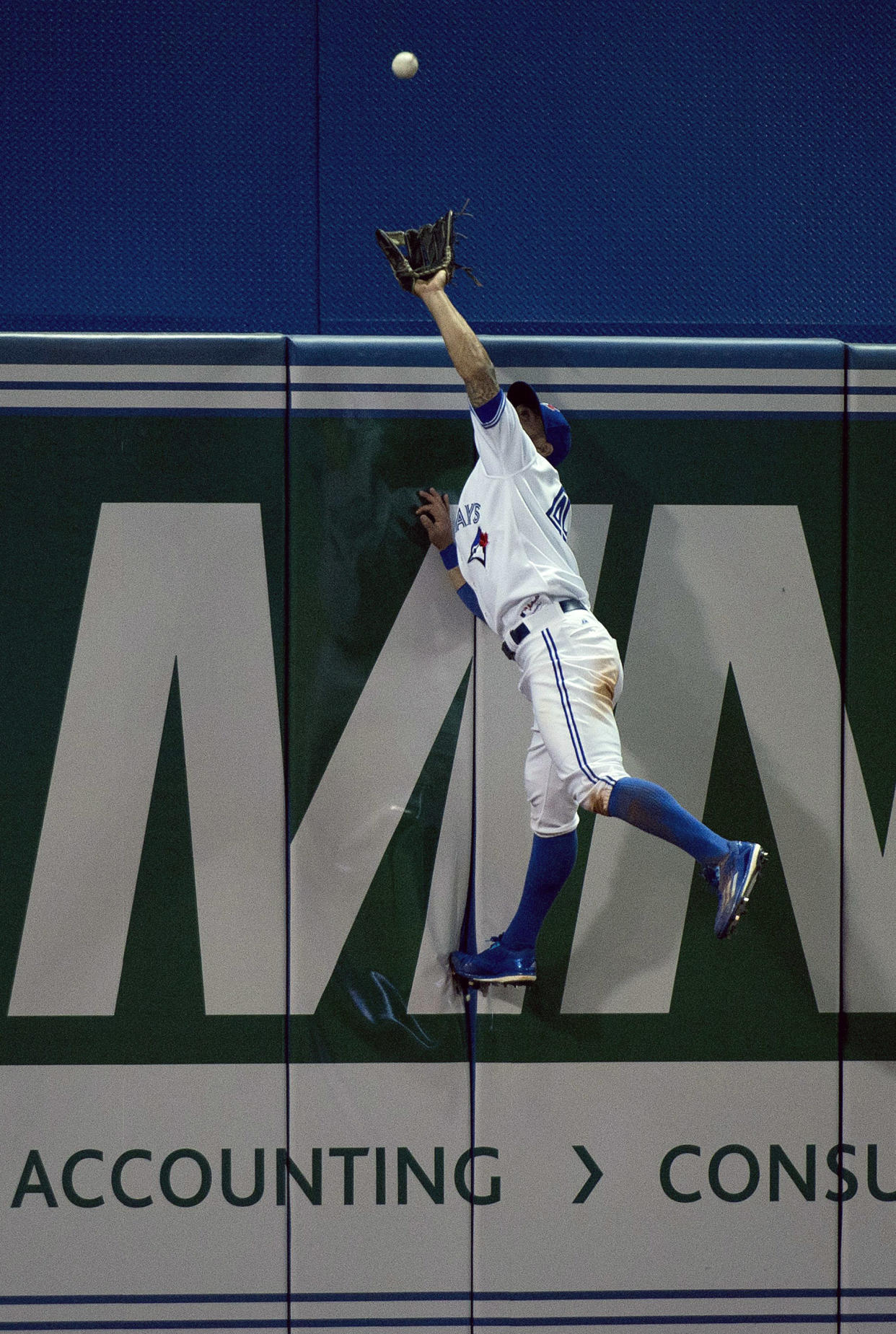 Toronto Blue Jays left fielder Kevin Pillar makes a catch on the other side of the wall hit by Tampa Bay Rays Tim Beckham during the seventh inning of a baseball game, Wednesday, April 15, 2015 in Toronto. (Nathan Denette/The Canadian Press via AP) MANDATORY CREDIT