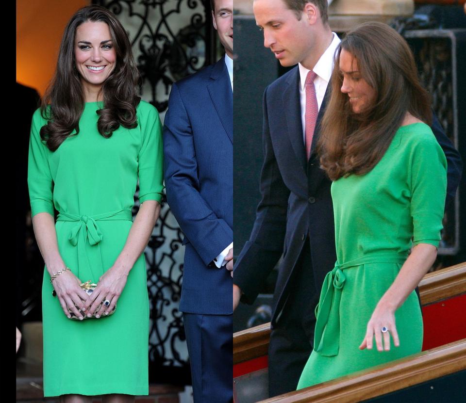 <p>Kate wore this simple bright green Diane von Furstenberg dress to visit the British Consul-General's residence in L.A. in July 2011. She then repeated the look at the end of that very same month for Zara Phillips and Mike Tindall's pre-wedding party. </p>