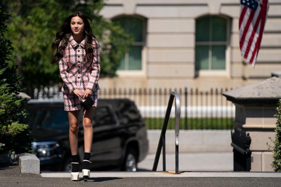 Singer Olivia Rodrigo arrives at the White House to promote the COVID-19 vaccine, Wednesday, July 14, 2021, in Washington.