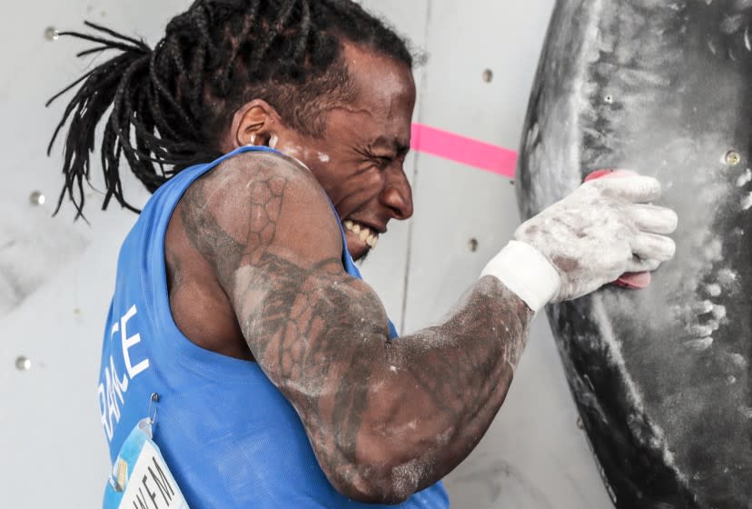 Saturday, May 22, 2021 - French professional rock climber Michael Mawem competes in the International Federation of Sport Climbing World Cup in Salt Lake City. (Robert Gauthier/Los Angeles Times)